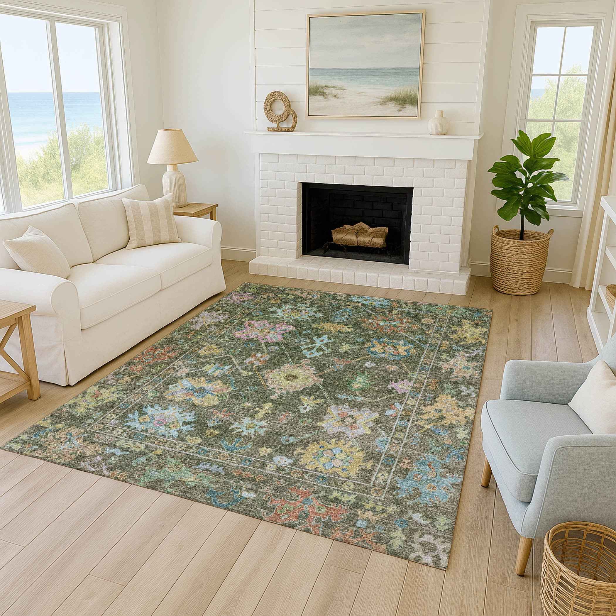 3' X 5' Fern Green Pink And Blue Floral Washable Indoor Outdoor Area Rug