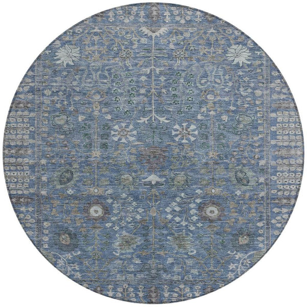 8' Blue And Ivory Round Floral Washable Indoor Outdoor Area Rug Default Title