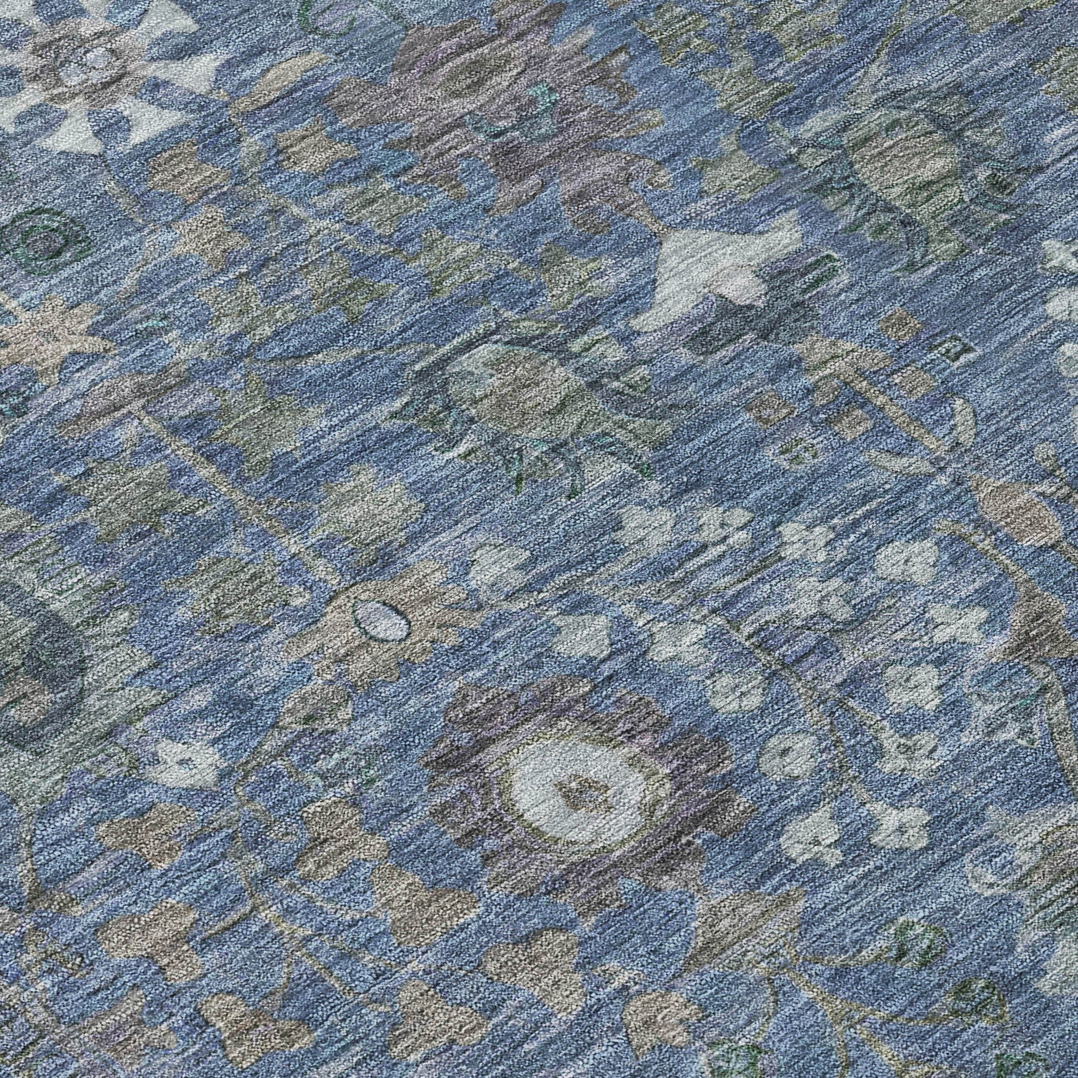 8' Blue And Ivory Round Floral Washable Indoor Outdoor Area Rug