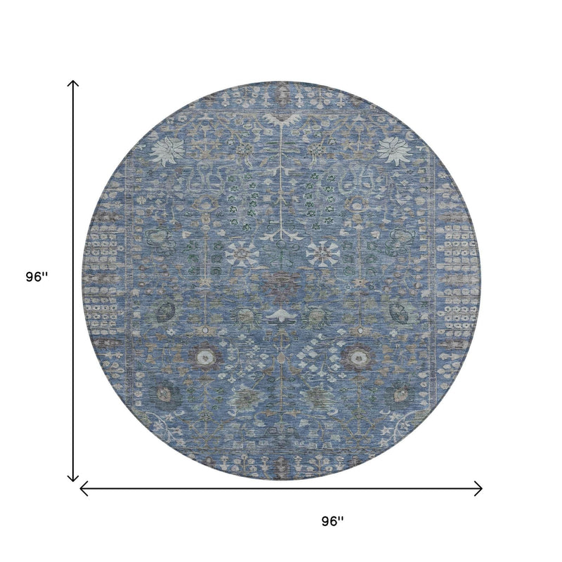 8' Blue And Ivory Round Floral Washable Indoor Outdoor Area Rug