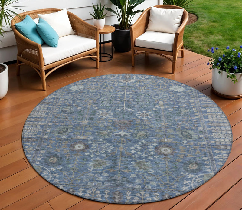 8' Blue And Ivory Round Floral Washable Indoor Outdoor Area Rug