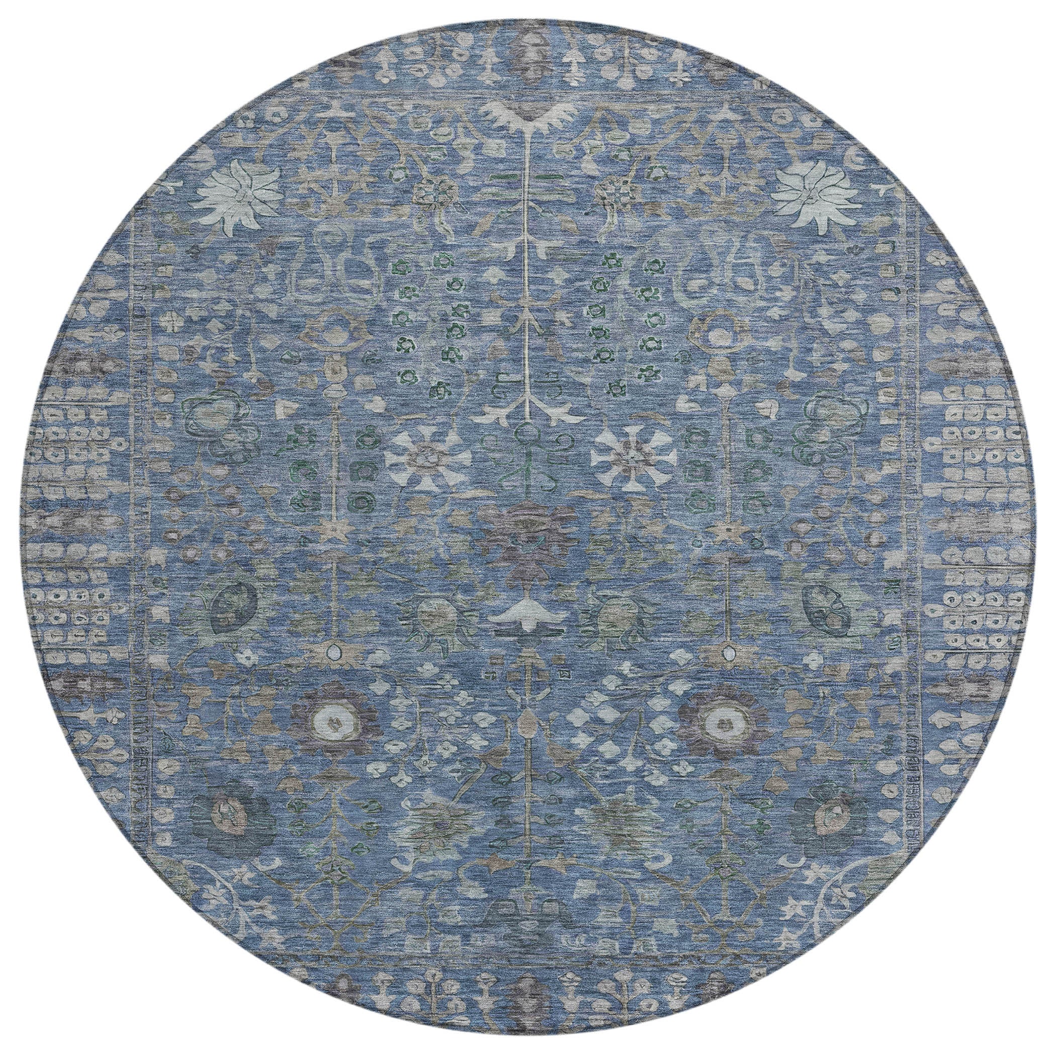 8' Blue And Ivory Round Floral Washable Indoor Outdoor Area Rug