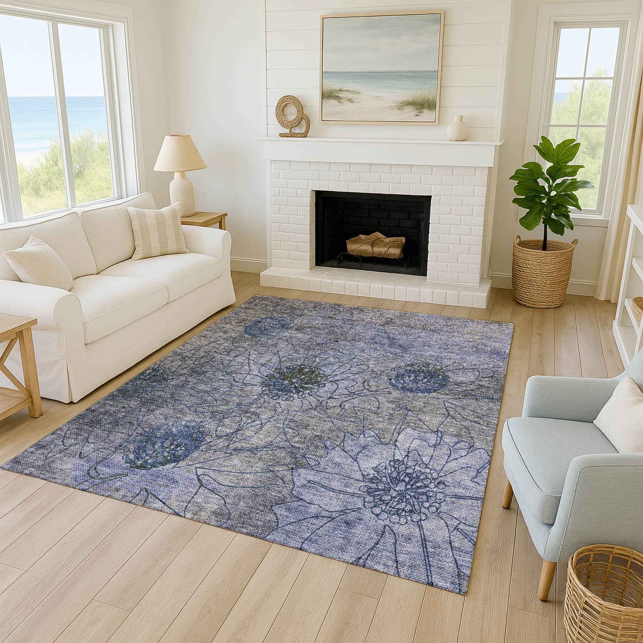 8' X 10' Gray And Lavender Floral Washable Indoor Outdoor Area Rug