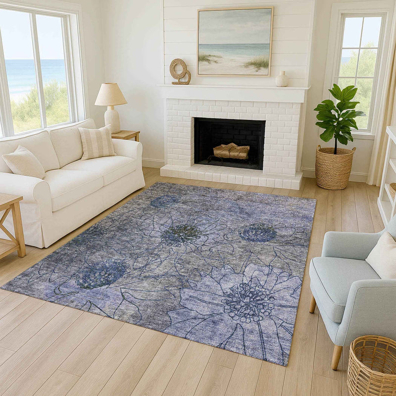 8' X 10' Gray And Lavender Floral Washable Indoor Outdoor Area Rug