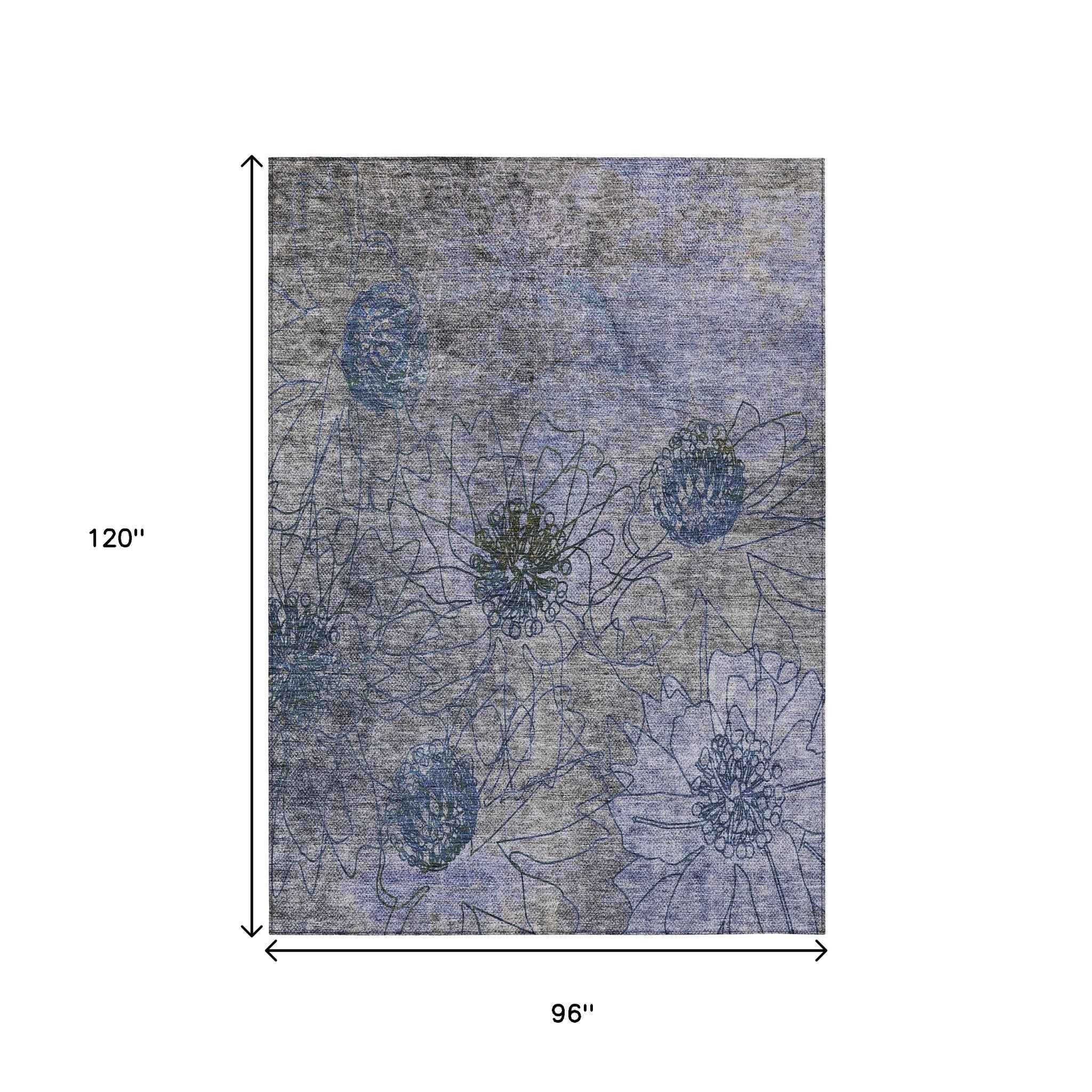 8' X 10' Gray And Lavender Floral Washable Indoor Outdoor Area Rug