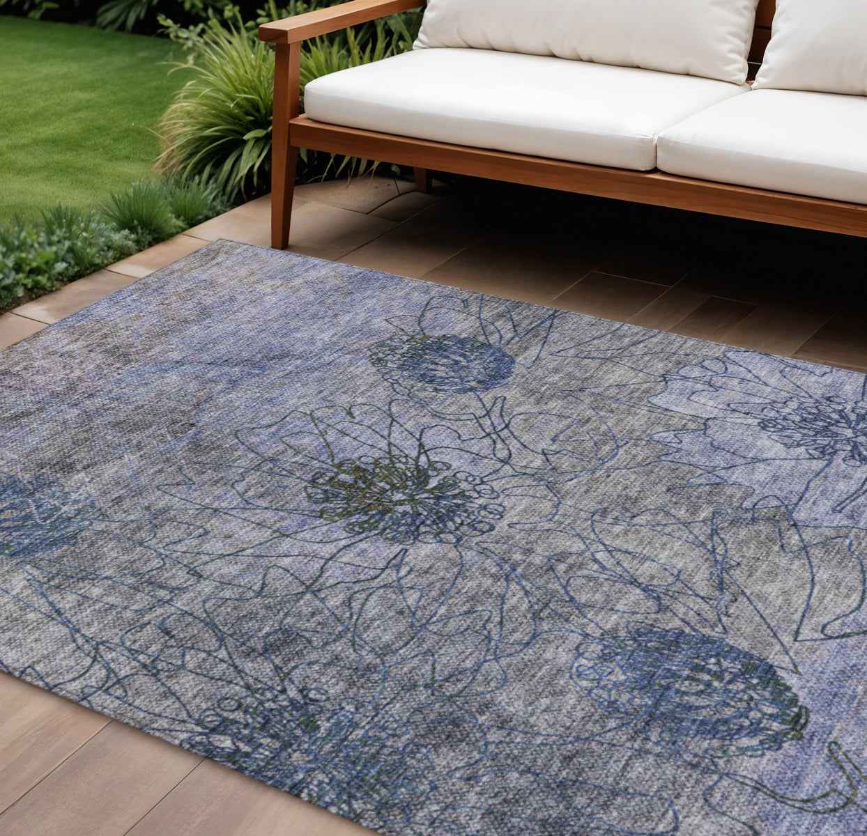 8' X 10' Gray And Lavender Floral Washable Indoor Outdoor Area Rug