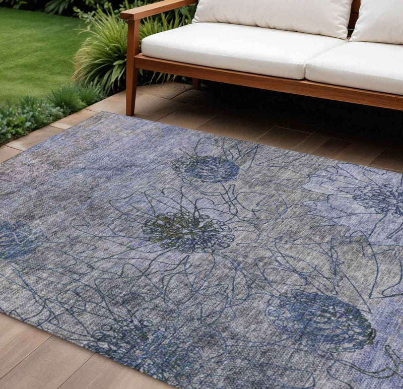 8' X 10' Gray And Lavender Floral Washable Indoor Outdoor Area Rug