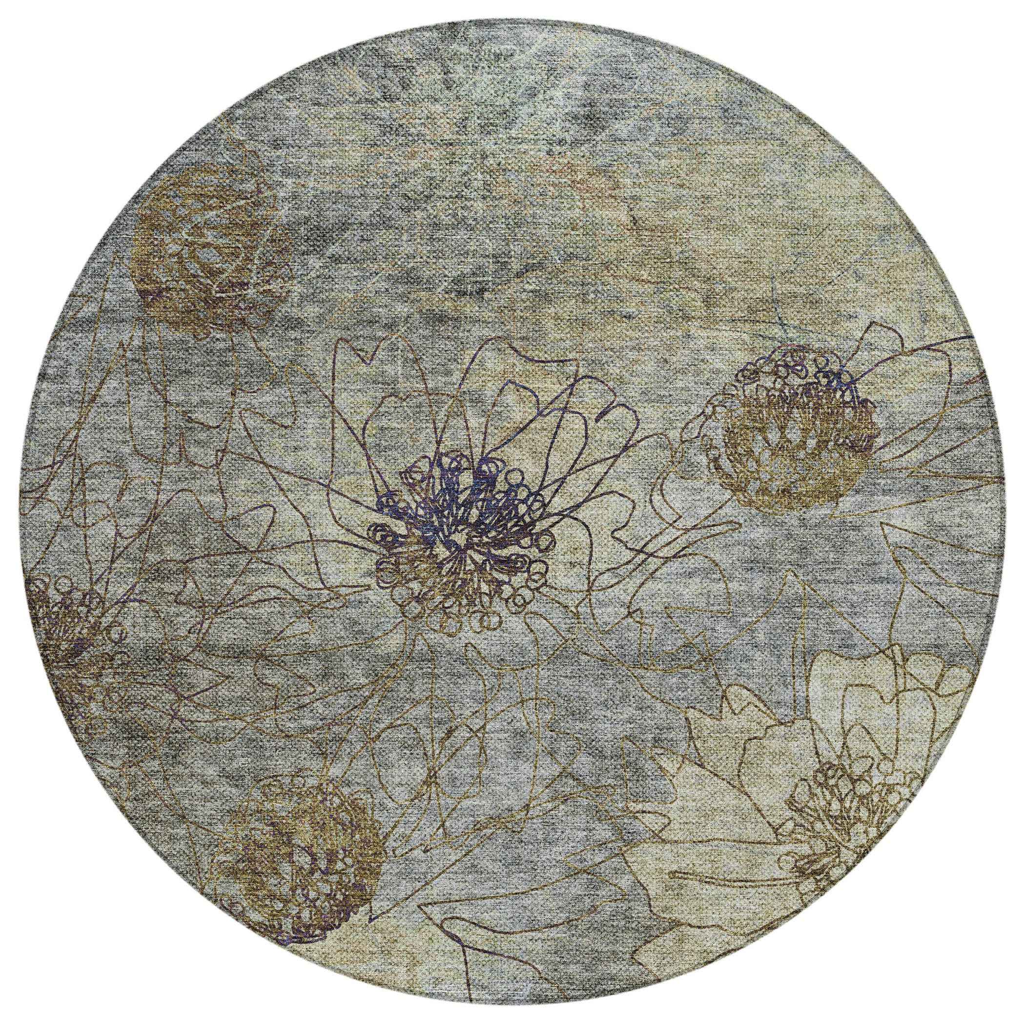 8' Pewter And Beige Round Floral Washable Indoor Outdoor Area Rug