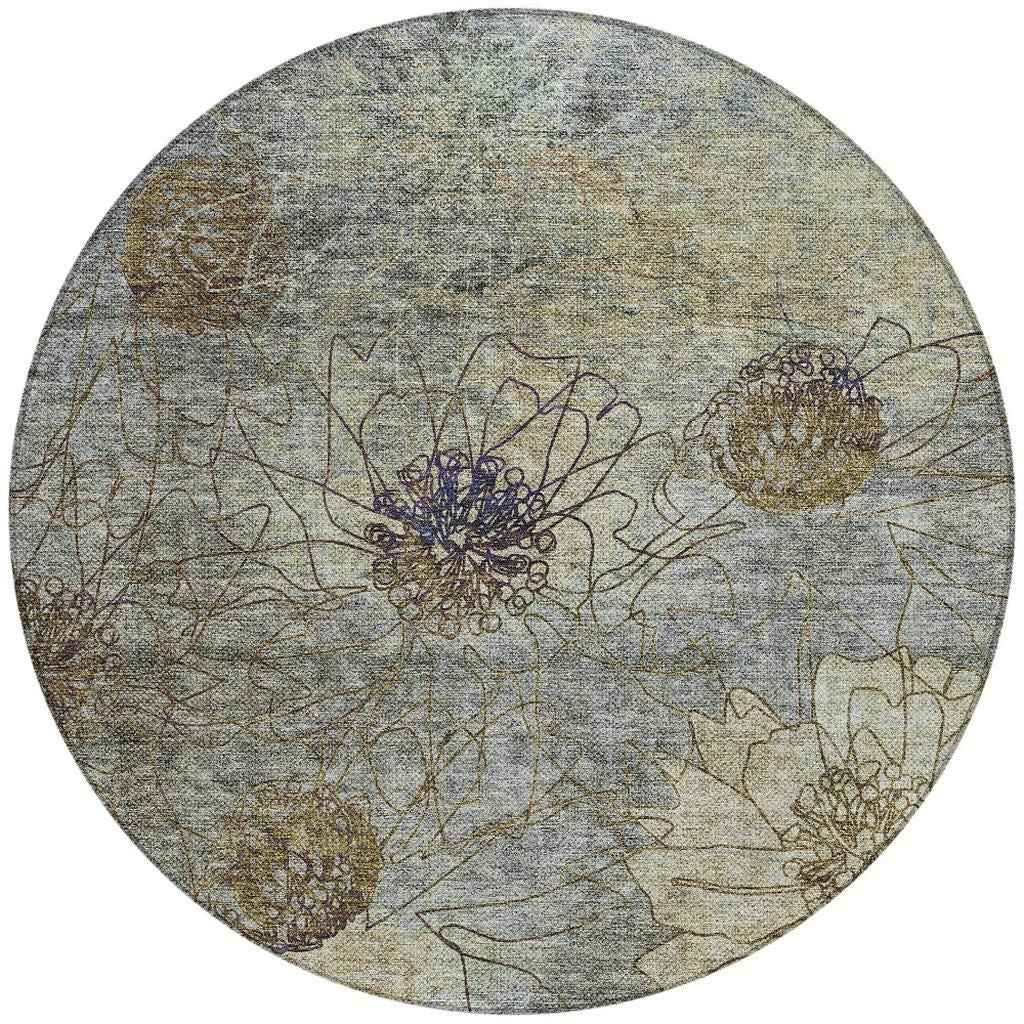 8' Pewter And Beige Round Floral Washable Indoor Outdoor Area Rug