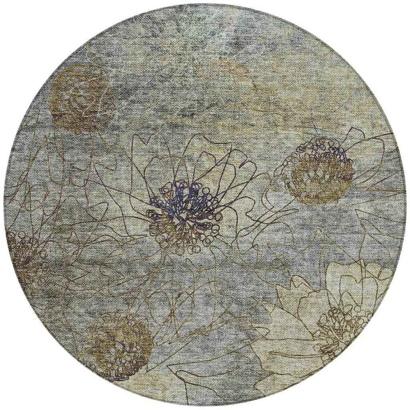 8' Pewter And Beige Round Floral Washable Indoor Outdoor Area Rug