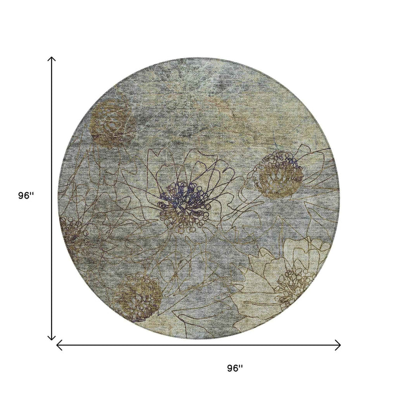 8' Pewter And Beige Round Floral Washable Indoor Outdoor Area Rug