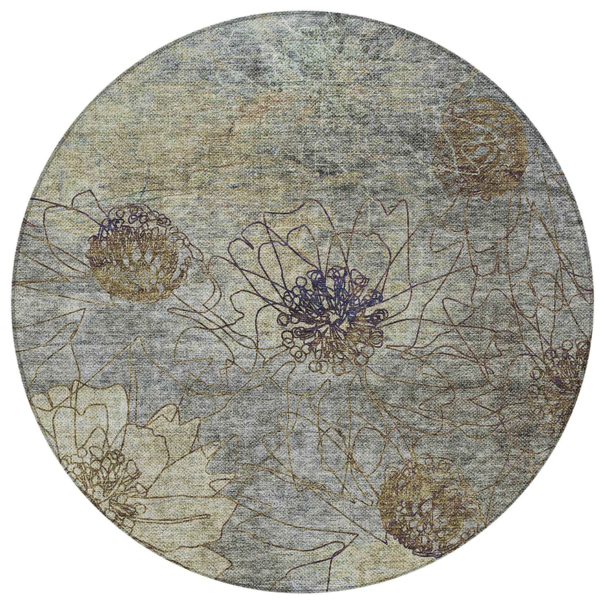 8' Pewter And Beige Round Floral Washable Indoor Outdoor Area Rug