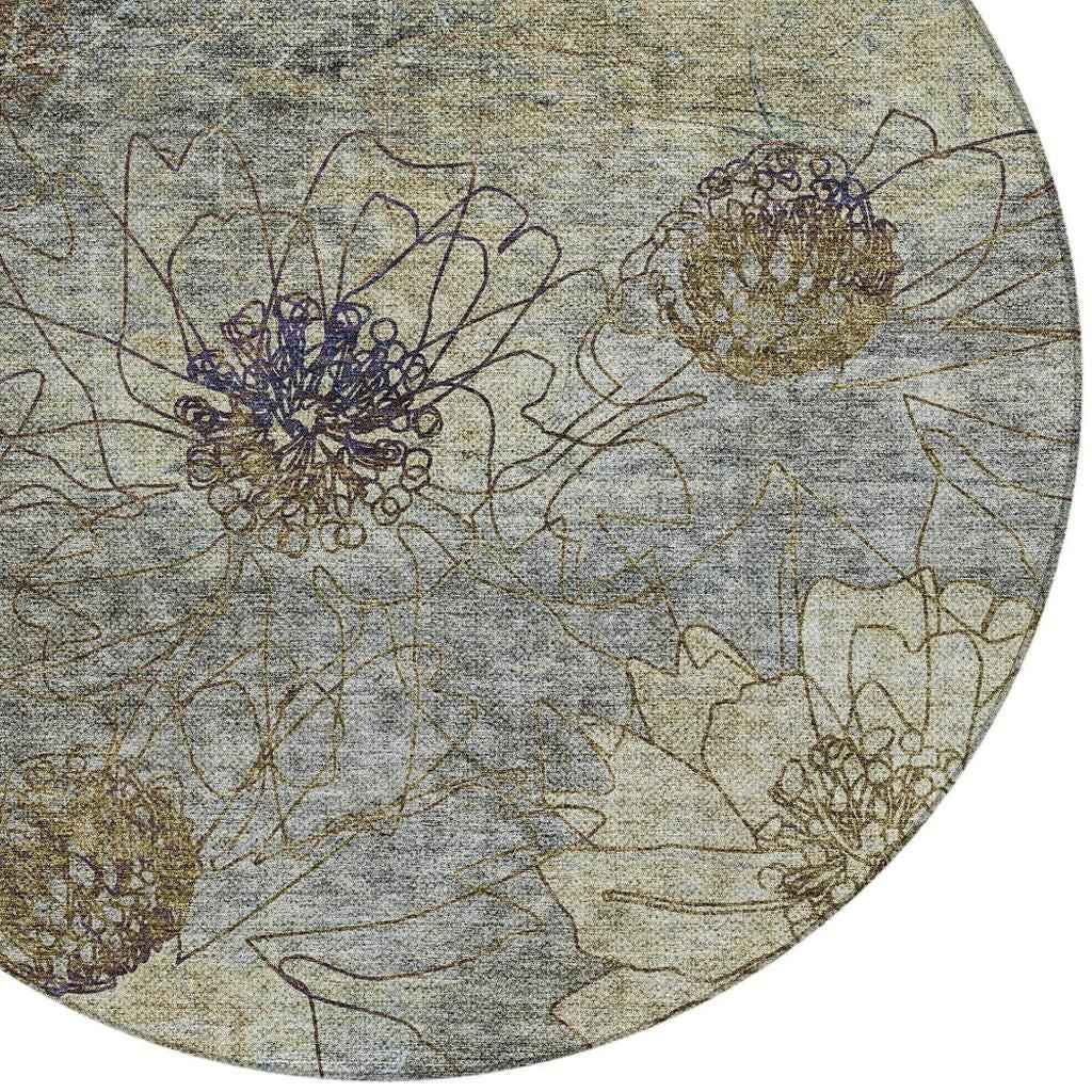 8' Pewter And Beige Round Floral Washable Indoor Outdoor Area Rug