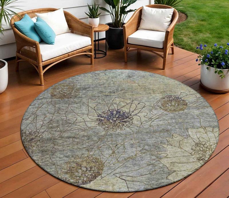 8' Pewter And Beige Round Floral Washable Indoor Outdoor Area Rug