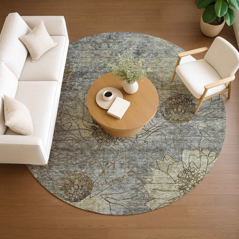 8' Pewter And Beige Round Floral Washable Indoor Outdoor Area Rug