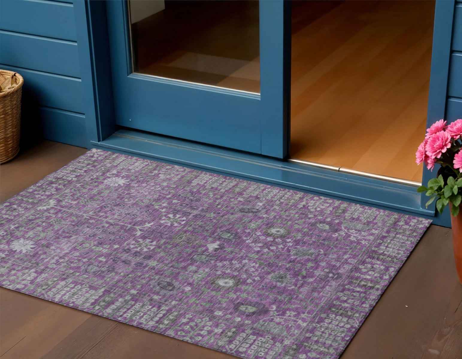 3' X 5' Purple And Ivory Floral Washable Indoor Outdoor Area Rug