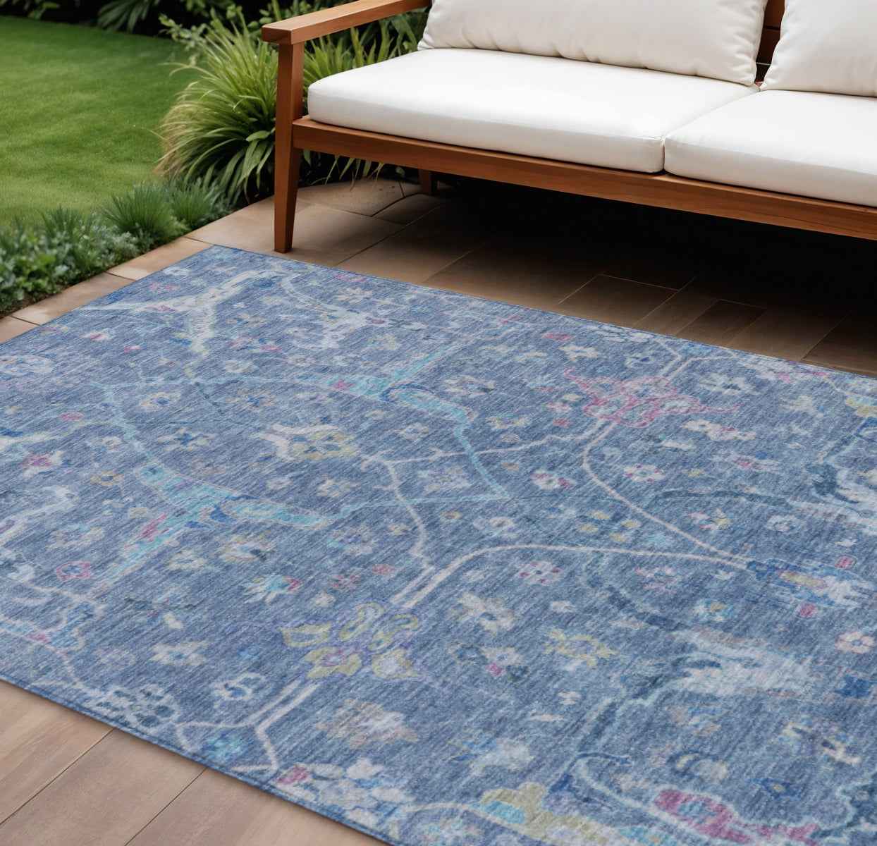 8' X 10' Blue Sky Blue And Ivory Floral Washable Indoor Outdoor Area Rug
