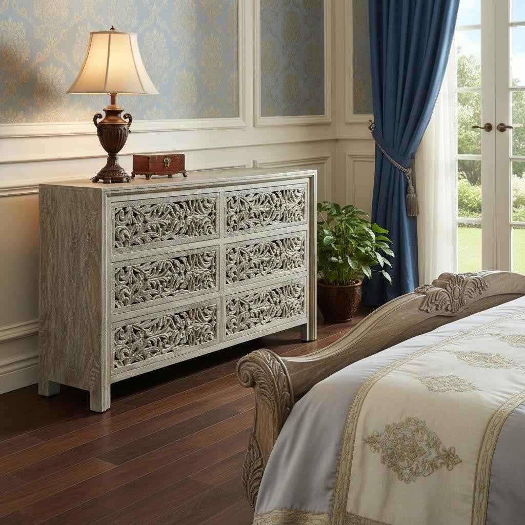 57" Gray Solid Wood Six Drawer Dresser