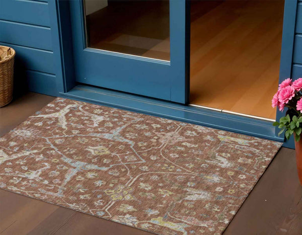 3' X 5' Rust And Ivory Floral Washable Indoor Outdoor Area Rug