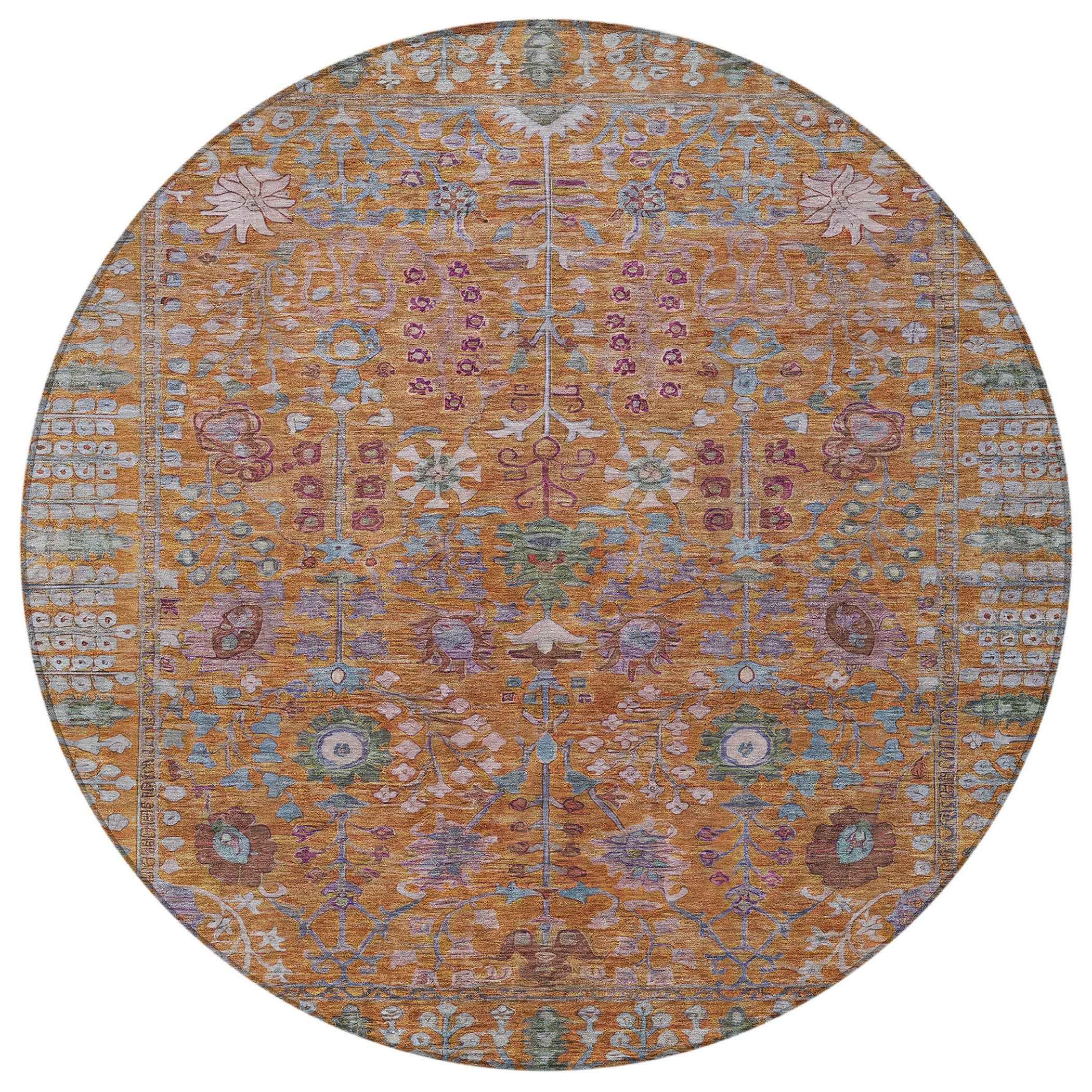 8' Orange And Green Round Floral Washable Indoor Outdoor Area Rug