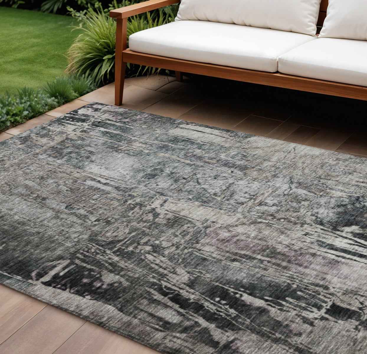 8' X 10' Gray And Silver Abstract Washable Indoor Outdoor Area Rug