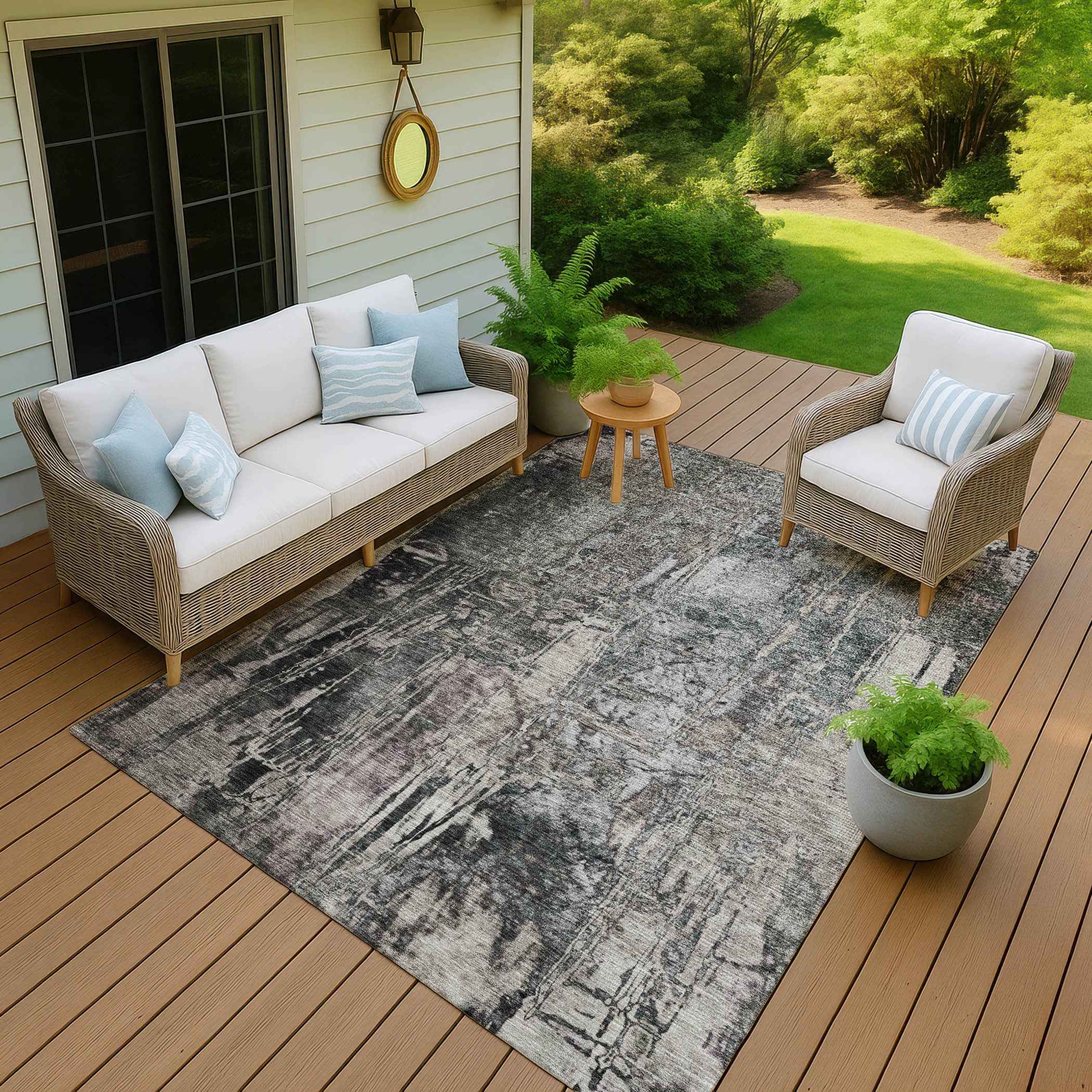 8' X 10' Gray And Silver Abstract Washable Indoor Outdoor Area Rug