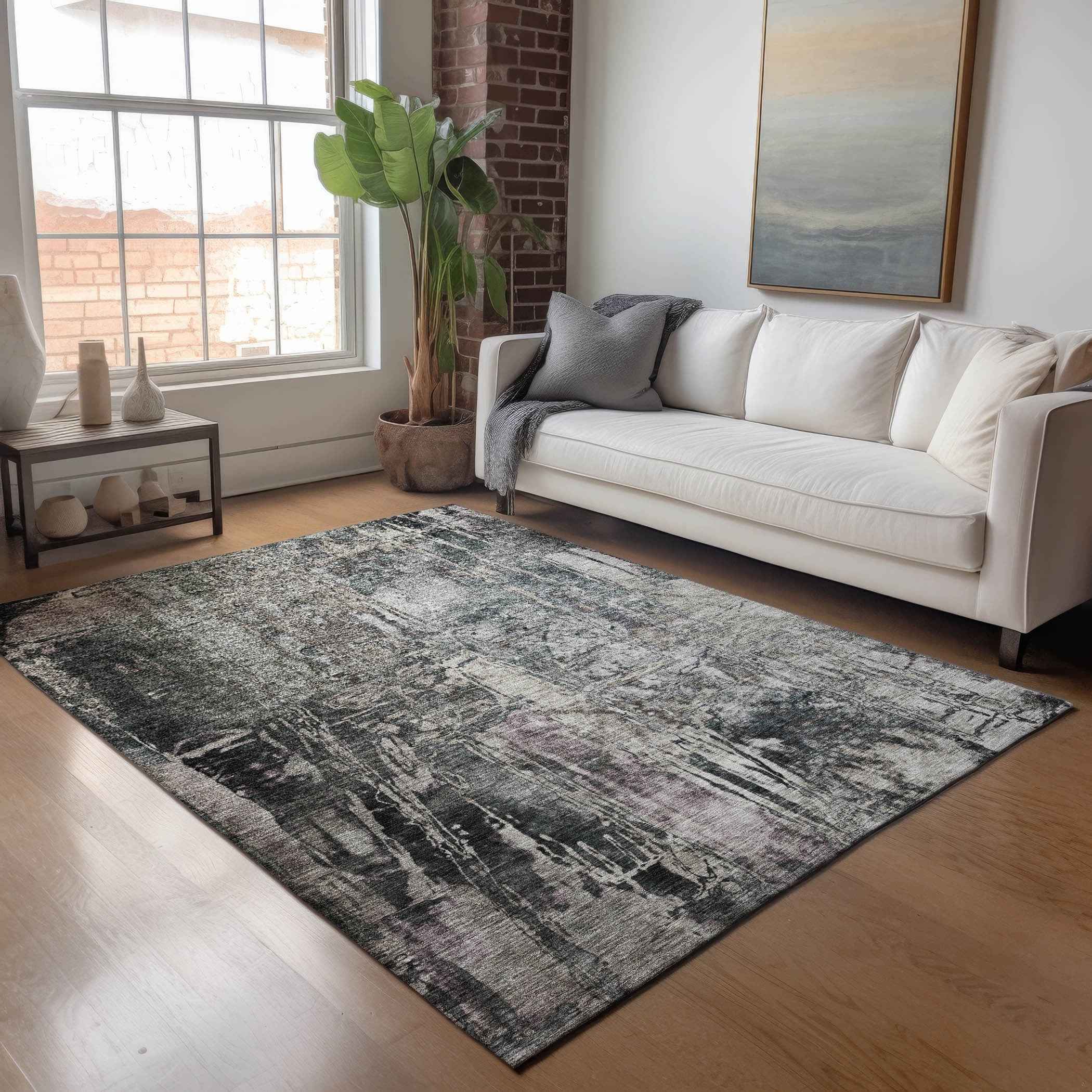 8' X 10' Gray And Silver Abstract Washable Indoor Outdoor Area Rug