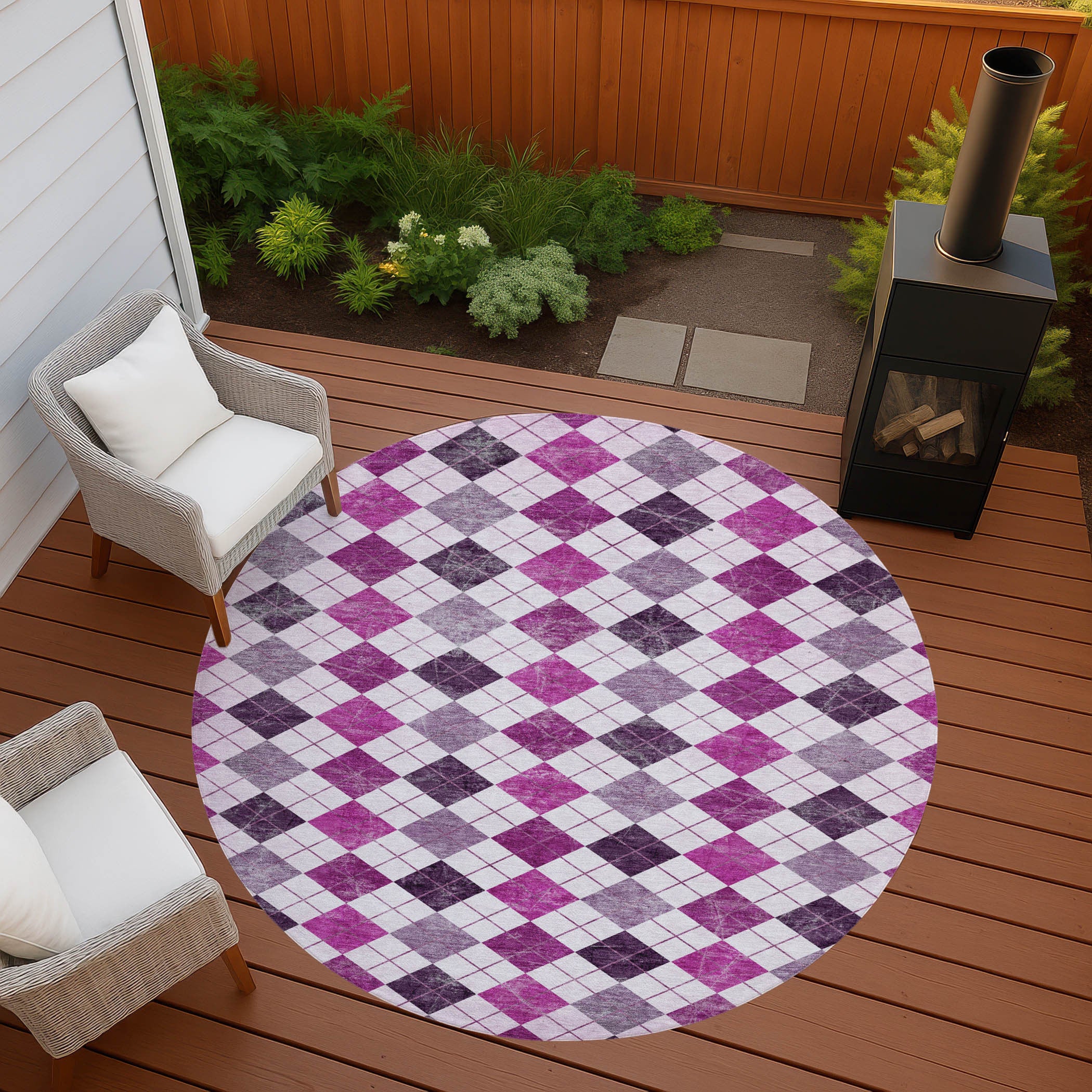 8' Blush And Ivory Round Geometric Washable Indoor Outdoor Area Rug