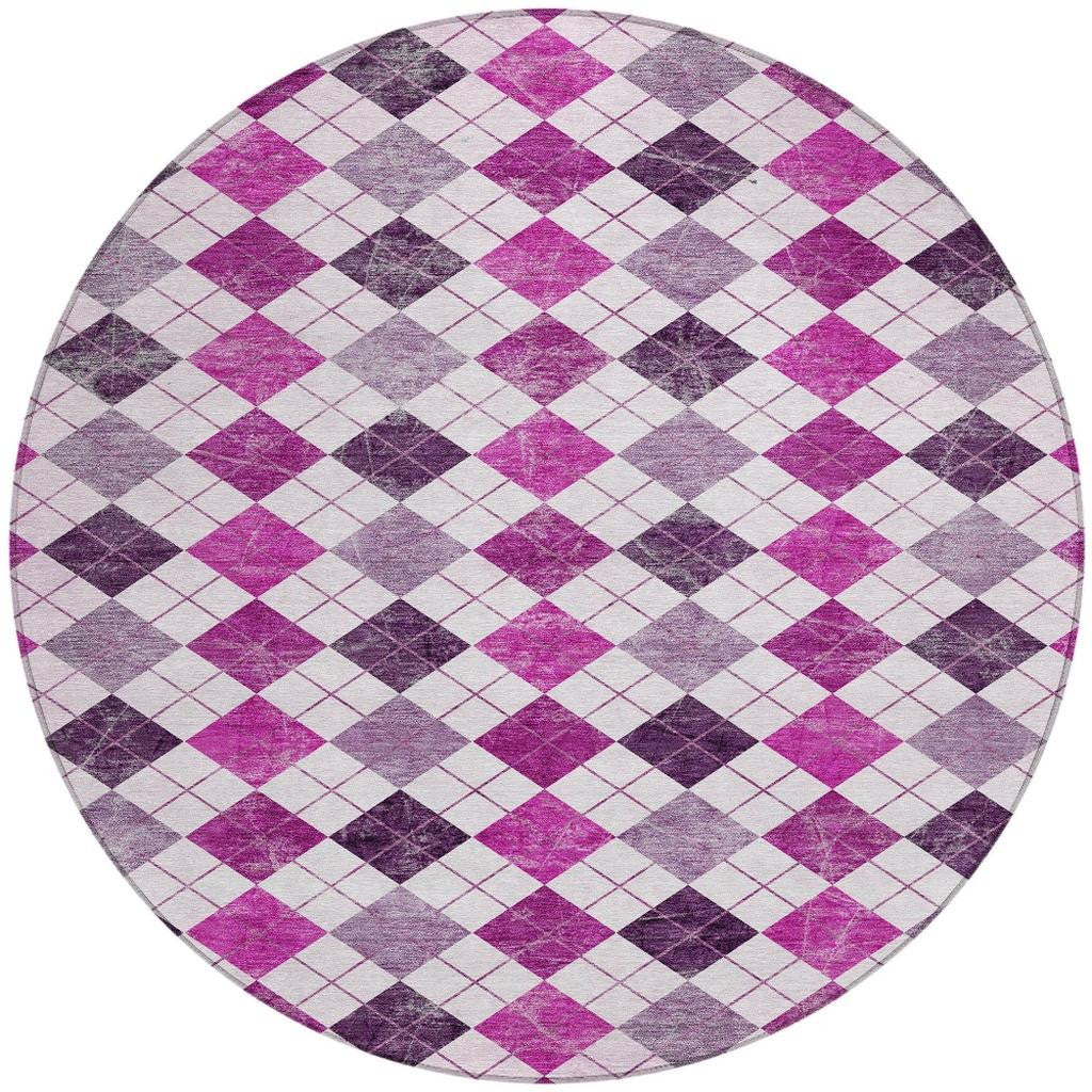 8' Blush And Ivory Round Geometric Washable Indoor Outdoor Area Rug