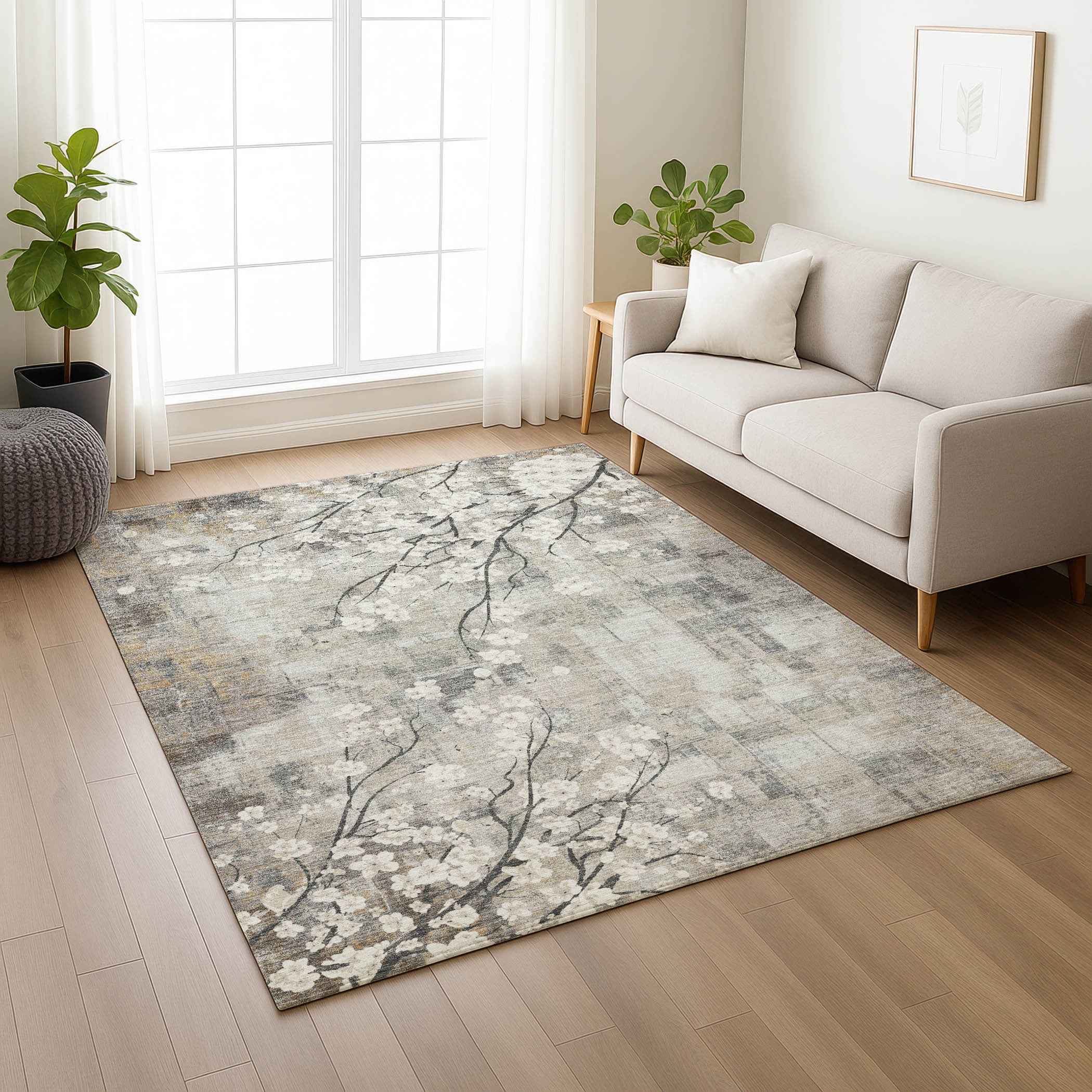 9' X 12' Beige Ivory And Gray Floral Washable Indoor Outdoor Area Rug
