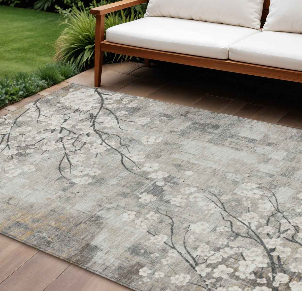 9' X 12' Beige Ivory And Gray Floral Washable Indoor Outdoor Area Rug