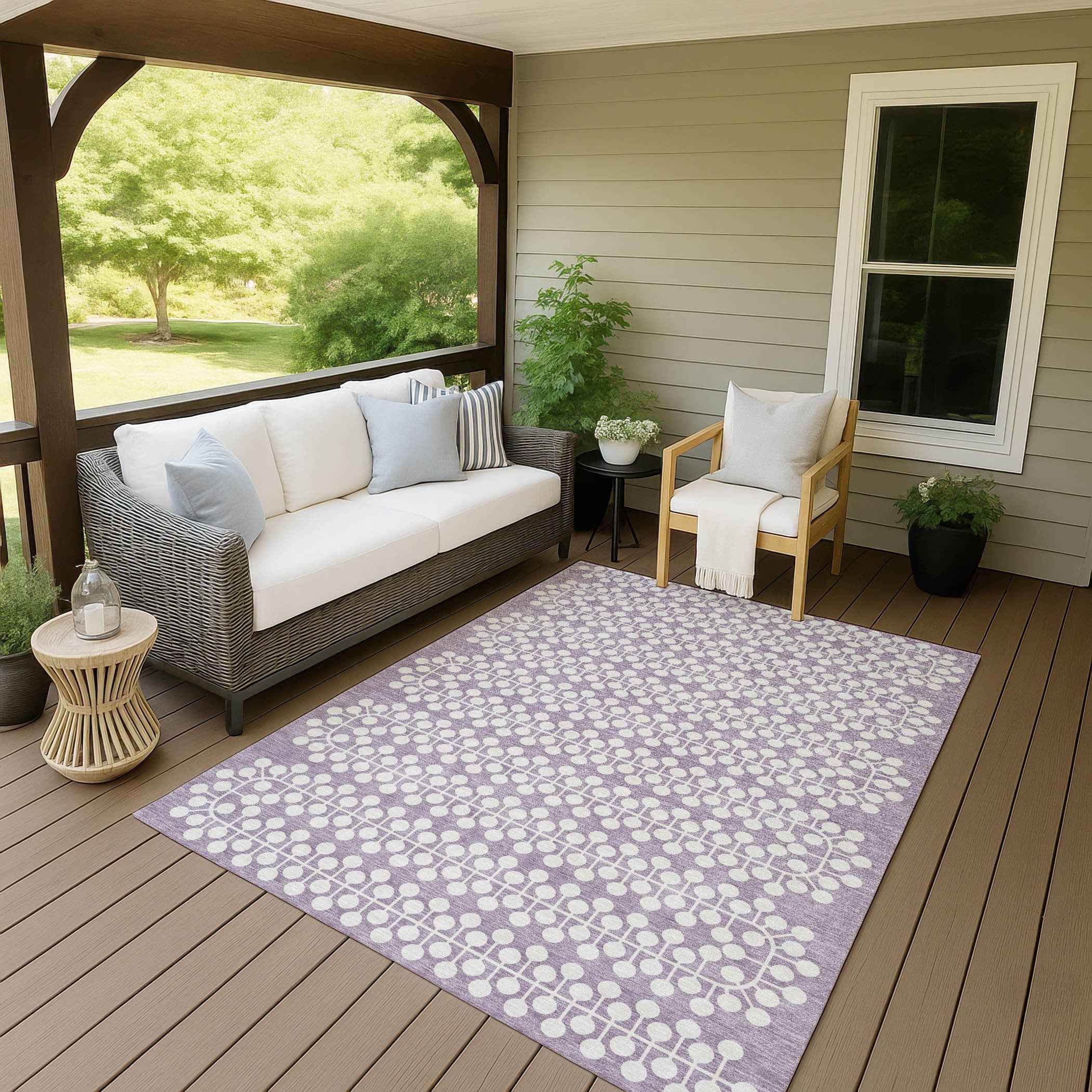 8' X 10' Lavender And Ivory Geometric Washable Indoor Outdoor Area Rug