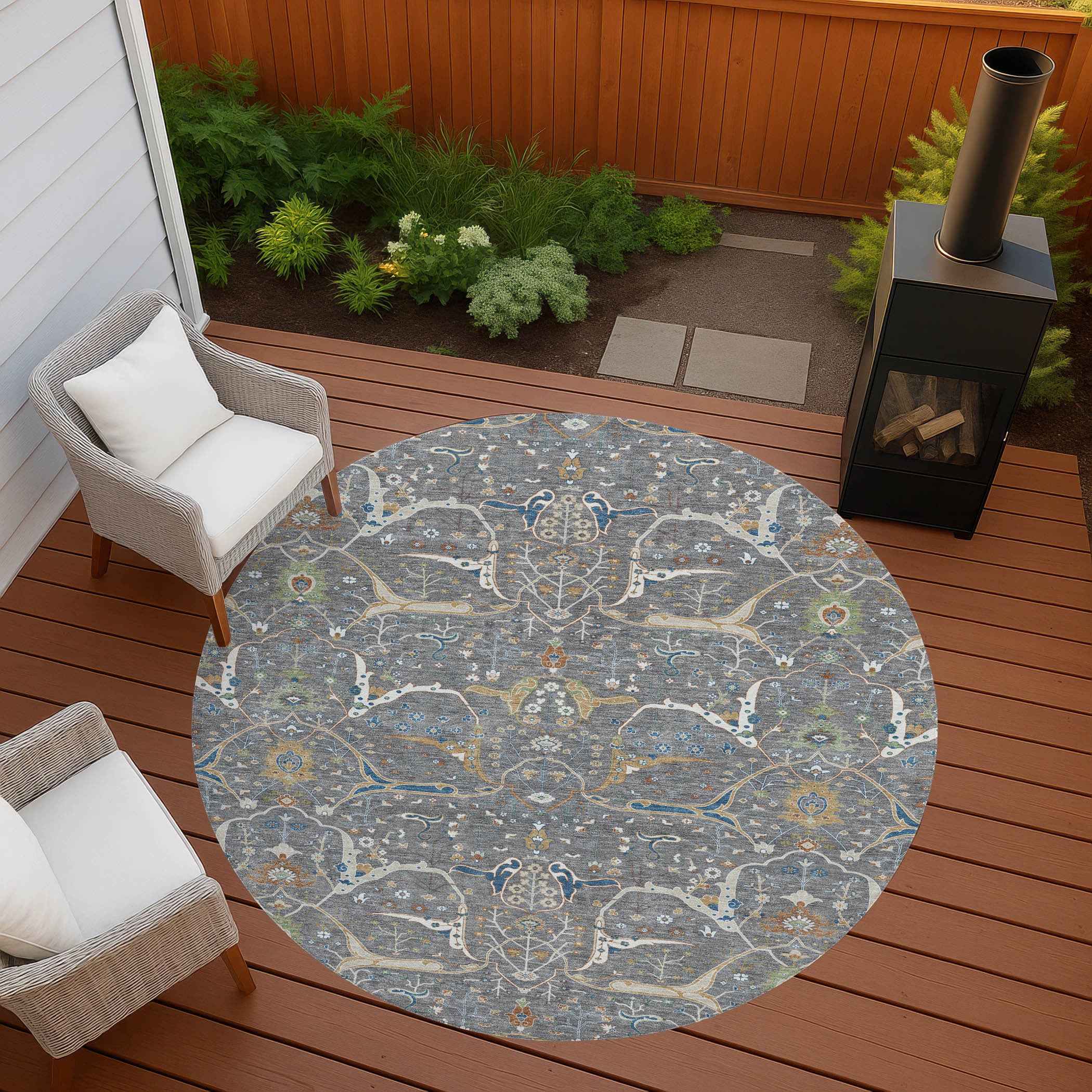8' Gray Green And Copper Round Floral Washable Indoor Outdoor Area Rug
