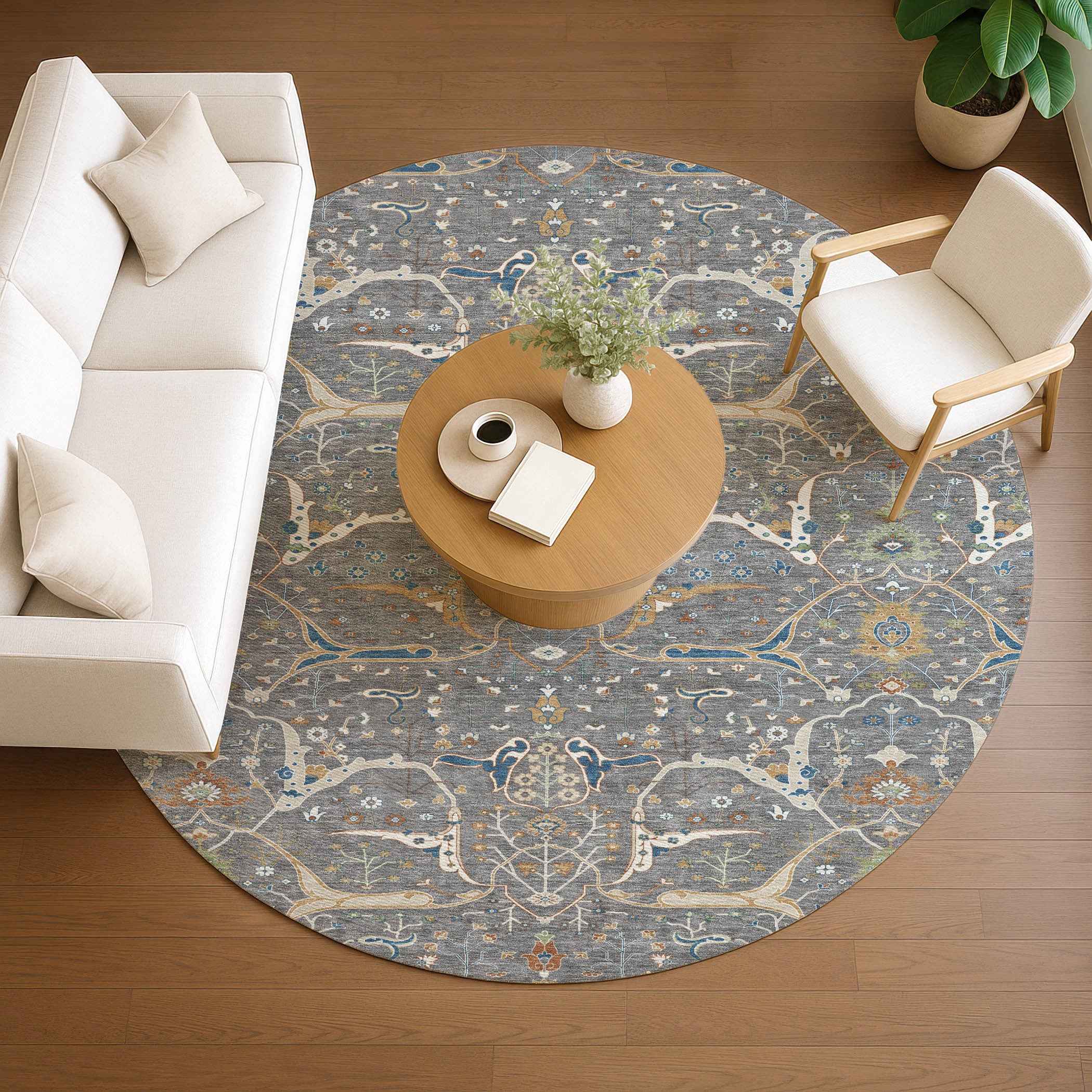 8' Gray Green And Copper Round Floral Washable Indoor Outdoor Area Rug