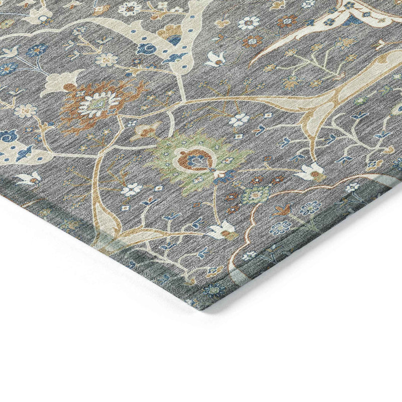 8' Gray Green And Copper Round Floral Washable Indoor Outdoor Area Rug