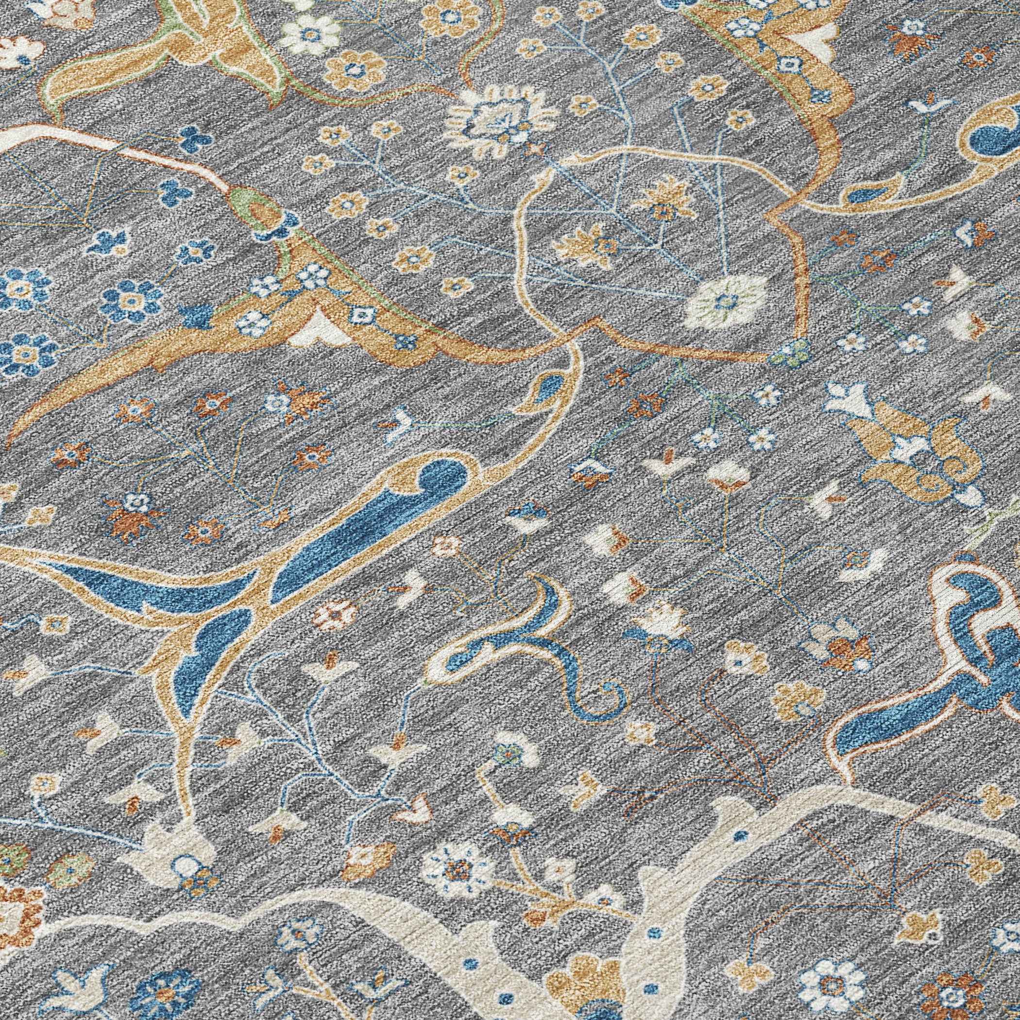 8' Gray Green And Copper Round Floral Washable Indoor Outdoor Area Rug