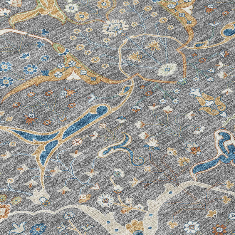 8' Gray Green And Copper Round Floral Washable Indoor Outdoor Area Rug