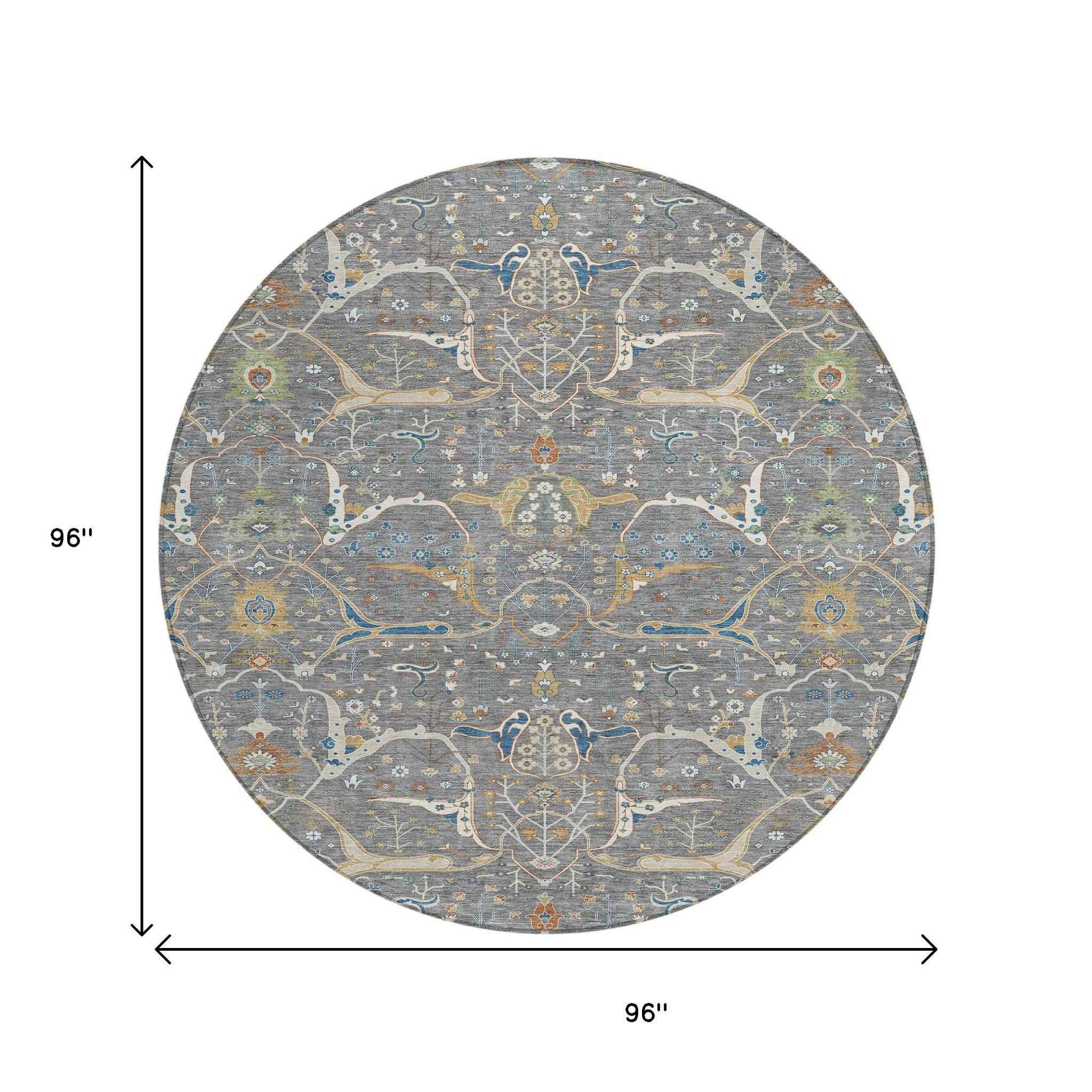 8' Gray Green And Copper Round Floral Washable Indoor Outdoor Area Rug