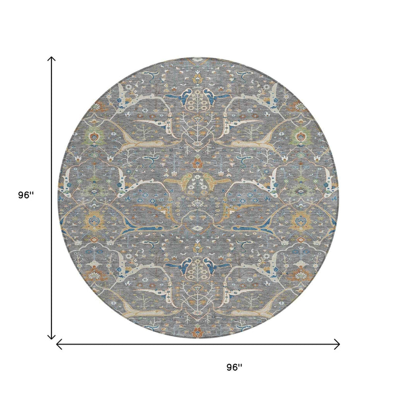 8' Gray Green And Copper Round Floral Washable Indoor Outdoor Area Rug