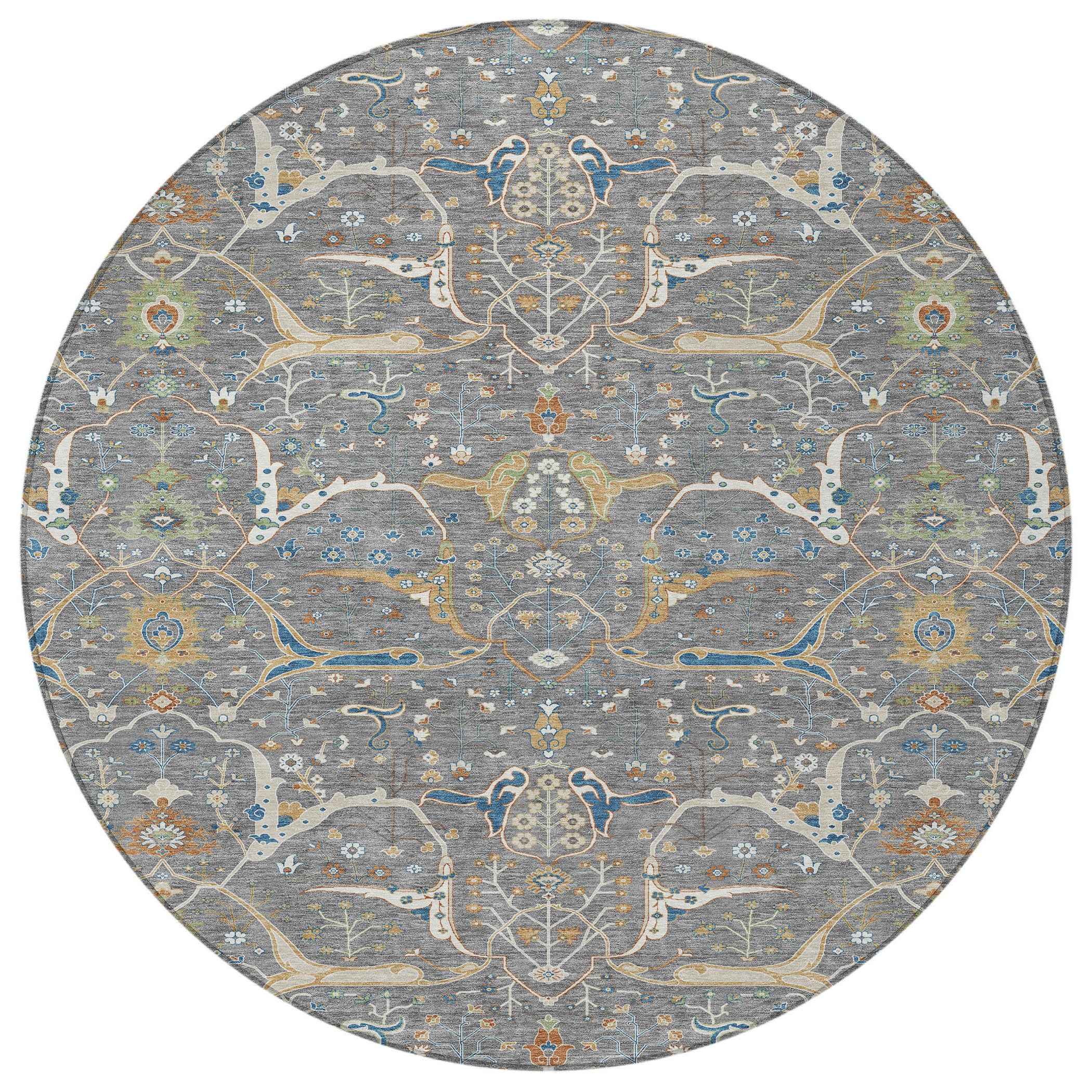 8' Gray Green And Copper Round Floral Washable Indoor Outdoor Area Rug