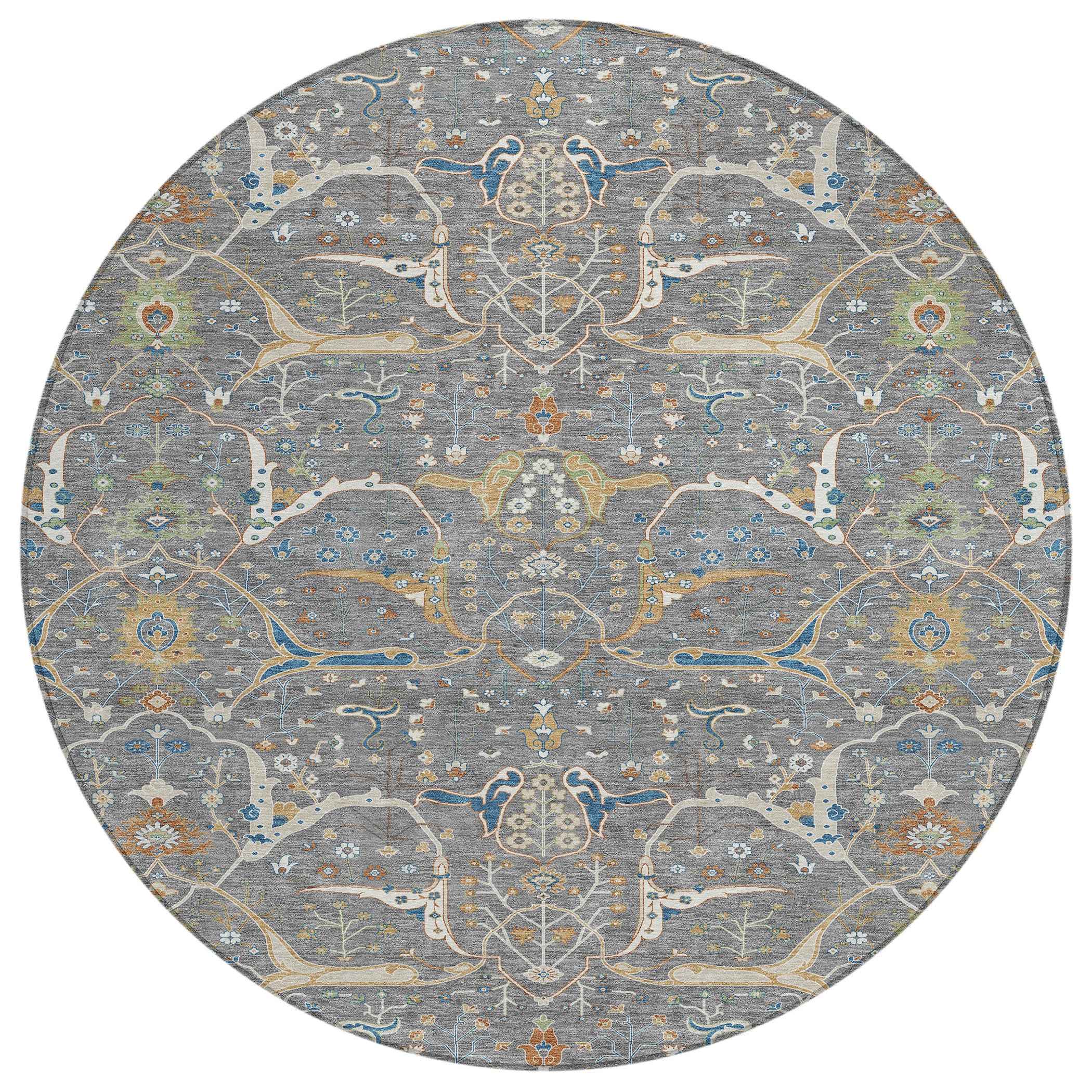 8' Gray Green And Copper Round Floral Washable Indoor Outdoor Area Rug