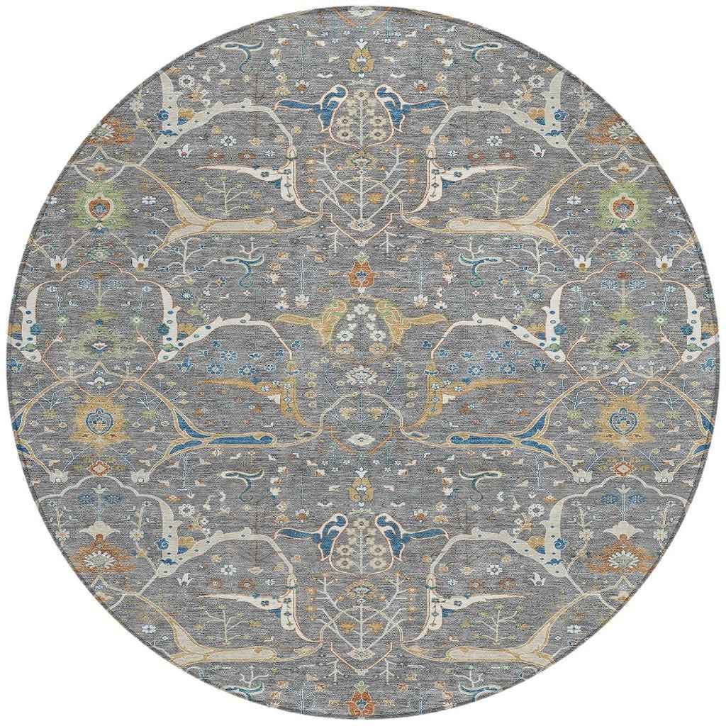 8' Gray Green And Copper Round Floral Washable Indoor Outdoor Area Rug