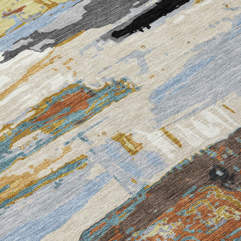 9' X 12' Black Gold And Blue Abstract Washable Indoor Outdoor Area Rug