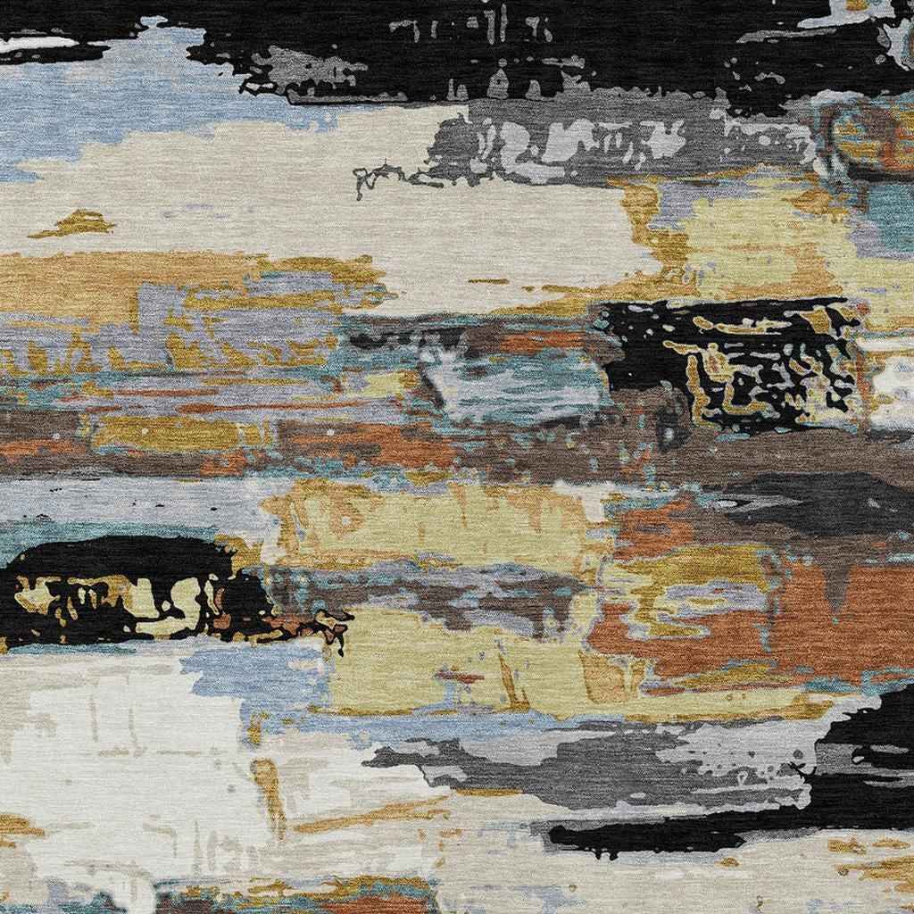 9' X 12' Black Gold And Blue Abstract Washable Indoor Outdoor Area Rug