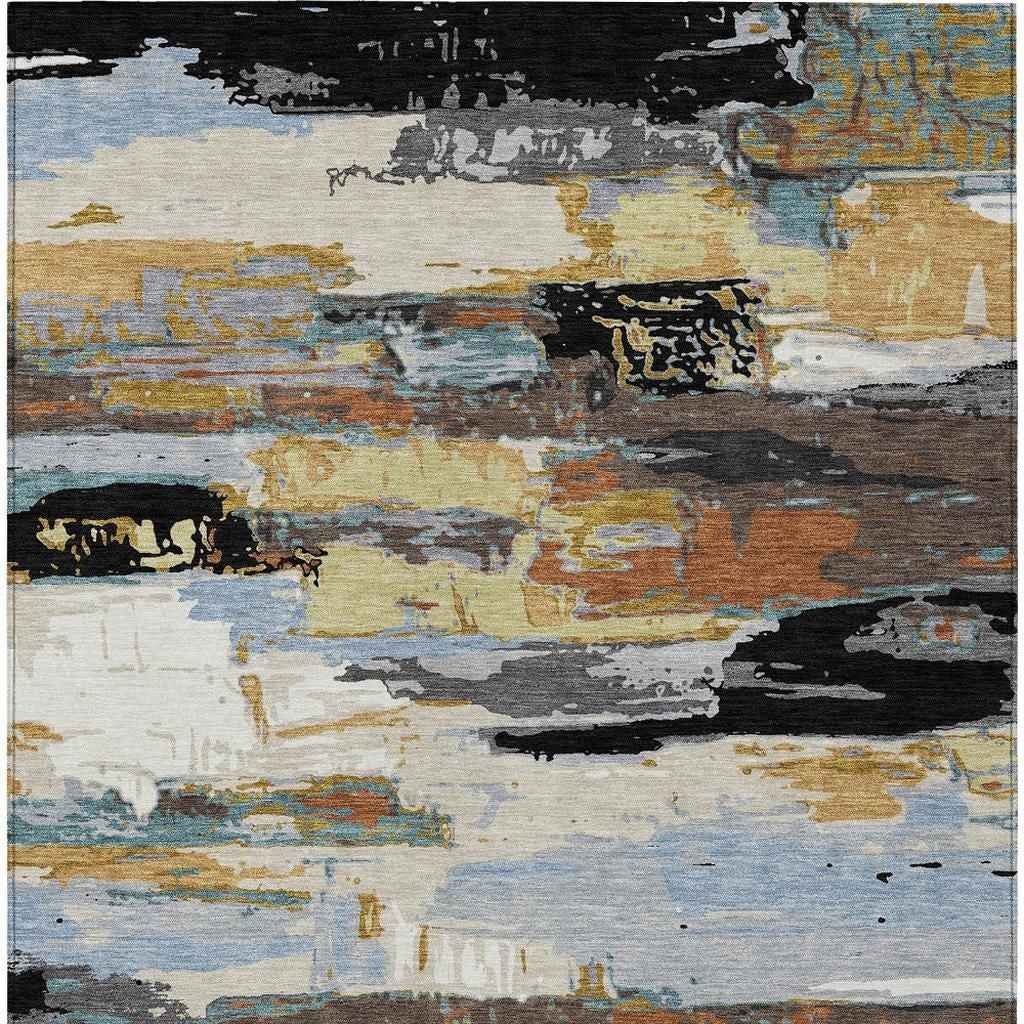 9' X 12' Black Gold And Blue Abstract Washable Indoor Outdoor Area Rug