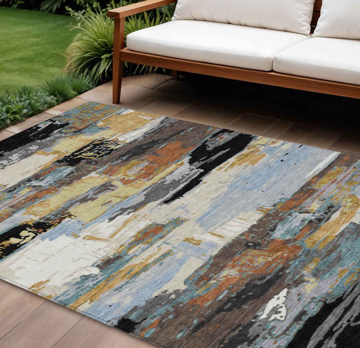 9' X 12' Black Gold And Blue Abstract Washable Indoor Outdoor Area Rug