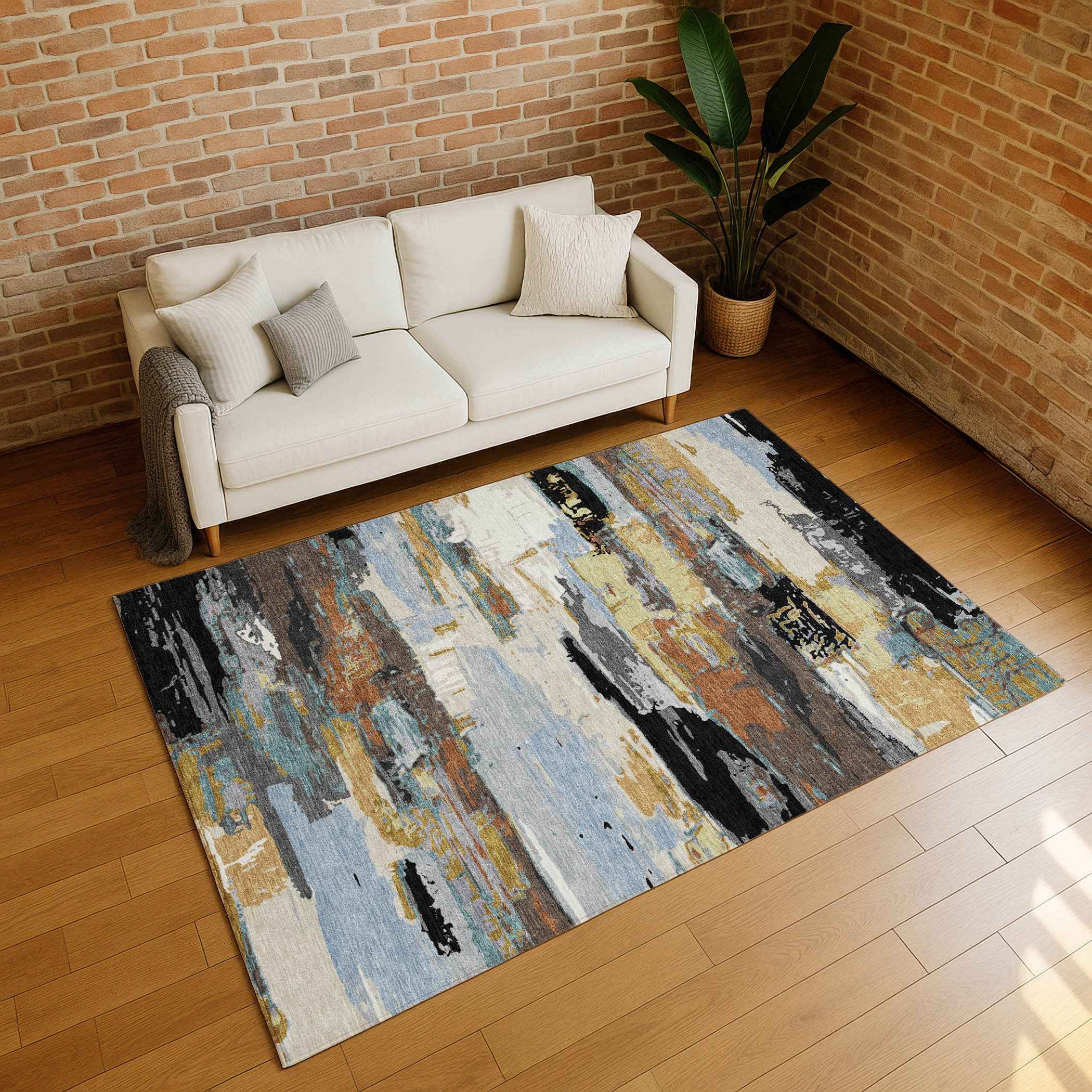 9' X 12' Black Gold And Blue Abstract Washable Indoor Outdoor Area Rug