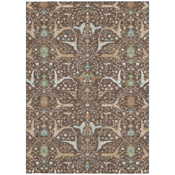 5' X 8' Brown Green And Ivory Floral Washable Indoor Outdoor Area Rug