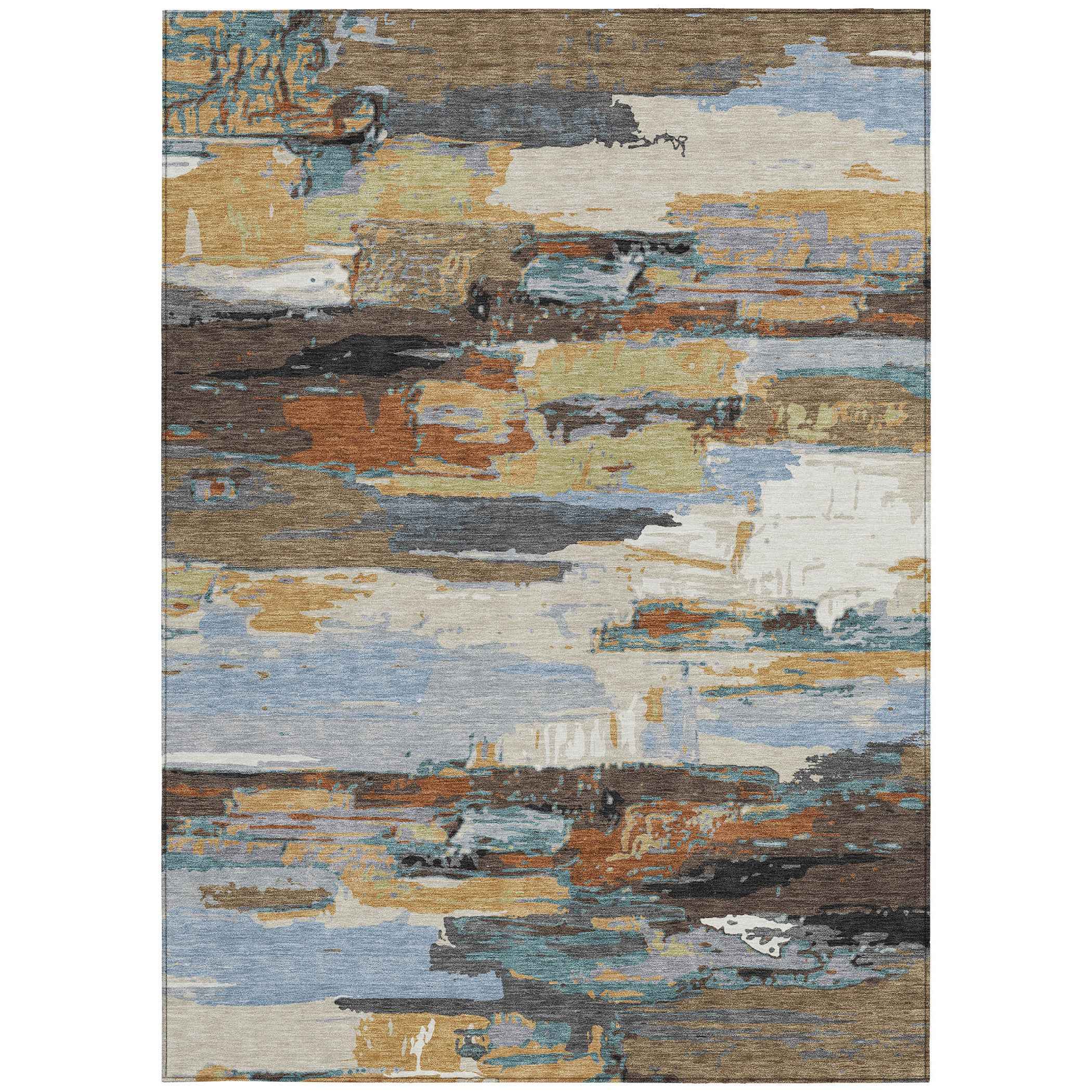 8' X 10' Brown Blue Ivory And Gold Abstract Washable Indoor Outdoor Area Rug