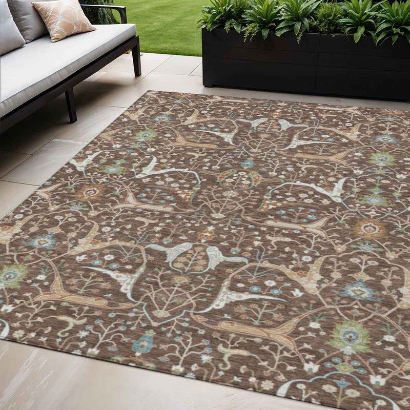 5' X 8' Brown Green And Ivory Floral Washable Indoor Outdoor Area Rug